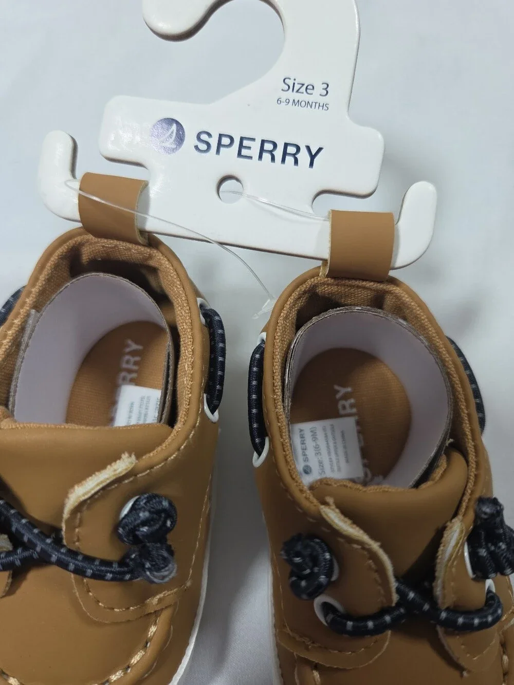 NWT SPERRY Top Sider Infant Size 3 Boat Shoe Lace-Up Tan W/Navy Laces